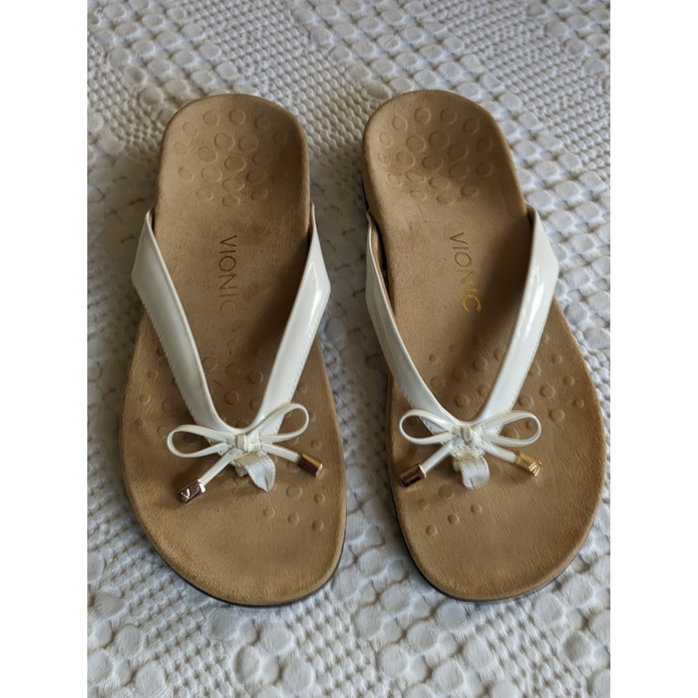 Vionic Bella II Bow Patent Faux Leather Orthotic Flip Flop Sandals Size 10 White
